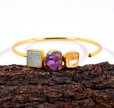 Handmade Bracelet for Women with Raw Amazonite Amethyst and Citrine Gemstones and 22k Gold Plating